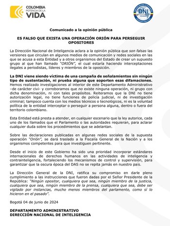 DNI se pronunció sobre las acusaciones sobre supuestas chuzadas a periodistas y miembros de la oposición