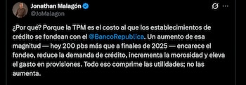 Jonathan Malagón nsistió en que el objetivo del Banco de la República radica en preservar el poder adquisitivo de la moneda y anclar las expectativas de inflación, no en beneficiar a un sector específico - crédito @JoMalagon/X