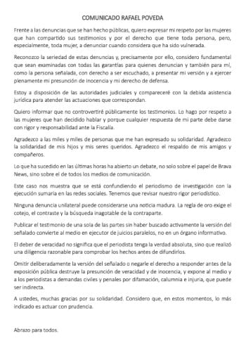 En su comunicado, Poveda sostuvo que omitir la versión del señalado antes de una publicación