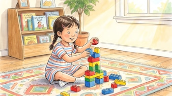 Niña con trenzas sentada en un tapete de colores, construye una torre con bloques de construcción. Se ven libros en una estantería y una planta.