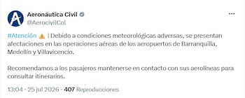 Se presentan afectaciones en las operaciones aéreas de los aeropuertos de Barranquilla, Medellín y Villavicencio por las condiciones metereológicas adversas - crédito @AerocivilCol/X