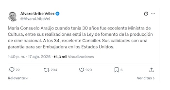 Álvaro Uribe aplaudió llegada de María Consuelo Araújo a la embajada en EE. UU.