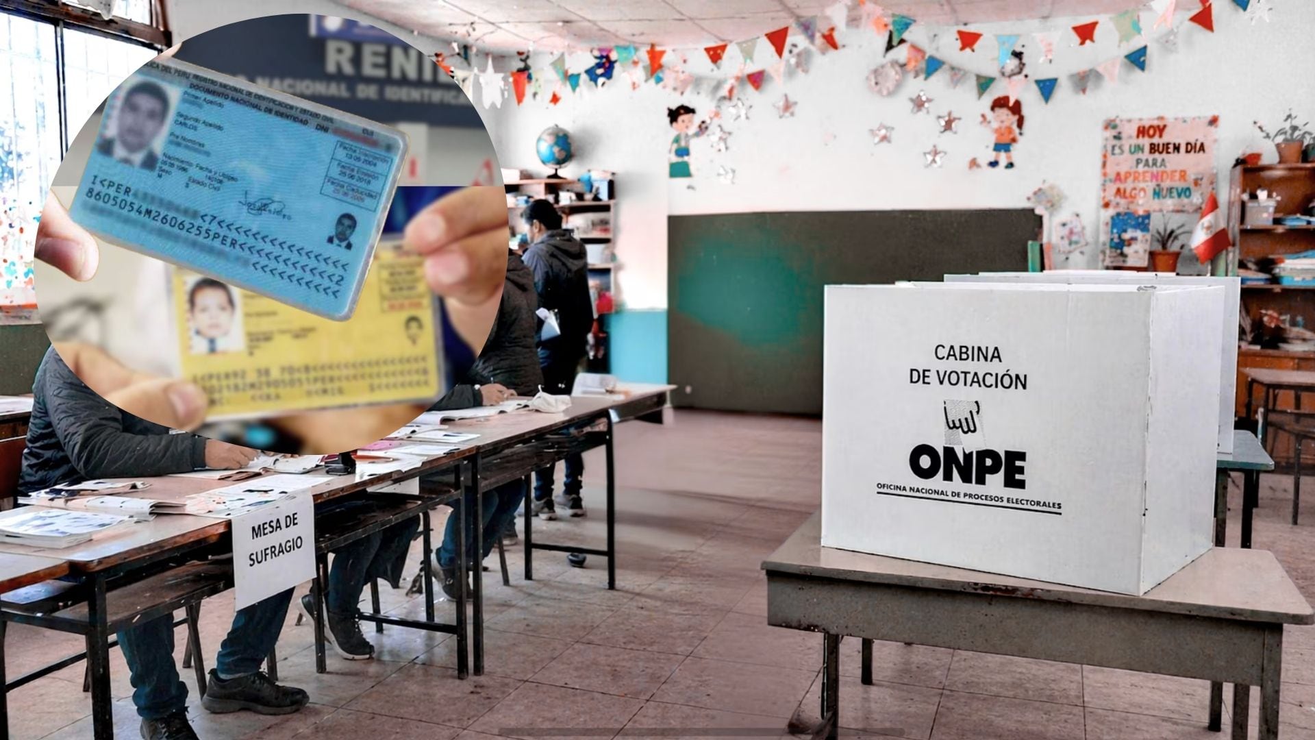 Un DNI caducado es mostrado en el contexto de una mesa de sufragio y una cabina de votación de la ONPE, mientras Reniec recuerda la importancia de tener el documento actualizado para las Elecciones 2026. (Infobae)