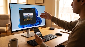 Una persona sentada frente a un escritorio sostiene un iPhone con una mano y gesticula hacia un monitor de computadora que muestra Windows 11.
