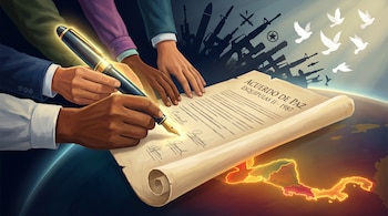 Cinco manos, pluma estilográfica, pergamino con "Acuerdo de Paz Esquipulas II - 1987", firmas, siluetas de armas, palomas blancas, mapa de Centroamérica.
