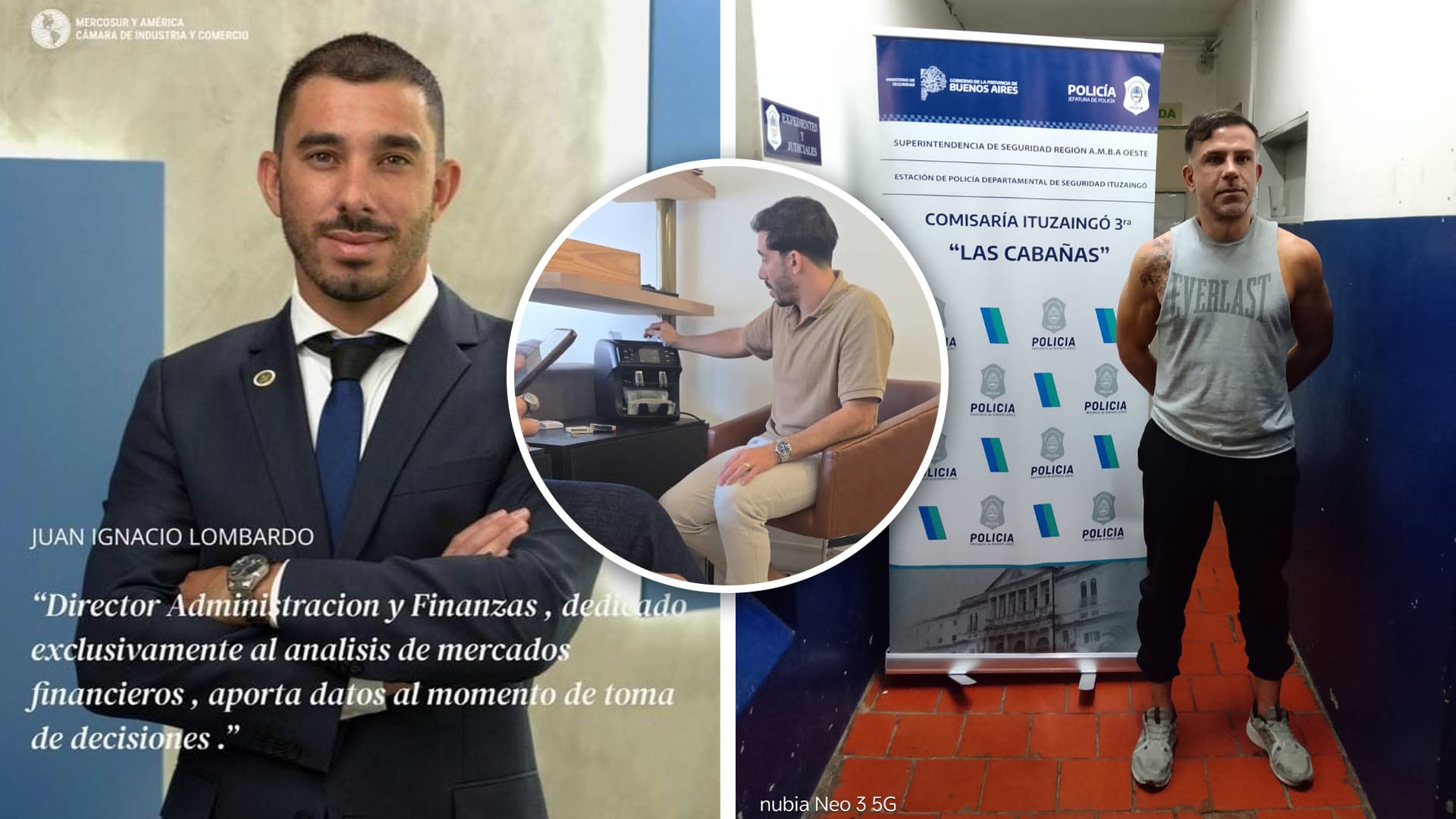 El empresario Juan Ignacio Lombardo posa en un retrato y junto a una máquina de contar billetes. El abogado Ángel Elías Gómez, su socio, fue detenido por la estafa piramidal de Parque Leloir.
