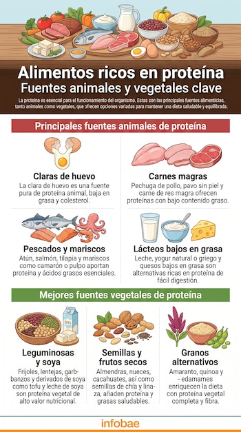 Infografía con ilustraciones de alimentos como carnes, pescados, lácteos, legumbres y frutos secos clasificados en categorías.