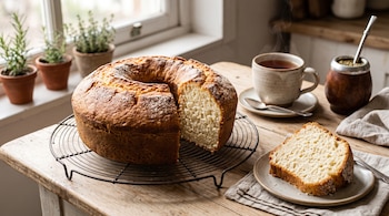 Budín dorado con una porción cortada sobre una rejilla metálica, una taza de té humeante y un recipiente de mate sobre una mesa de madera.