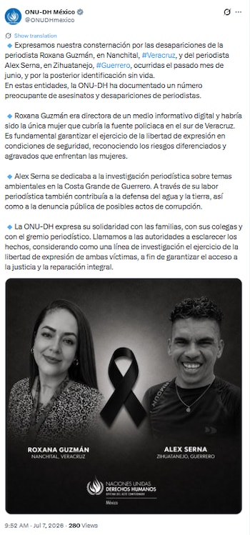 Retratos en blanco y negro de una mujer y un hombre, Roxana Guzmán y Alex Serna, con un lazo negro de luto entre ellos y el logo de la ONU-DH México