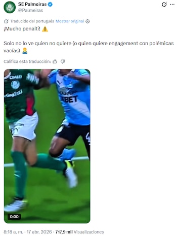 Palmeiras se pronunció en redes sociales sobre un penal que para la delegación de Sporting Cristal no debió cobrarse. Crédito: Captura X.