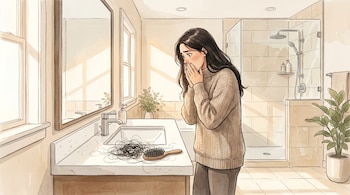 Ilustración de una mujer con cabello oscuro y un jersey beige, con expresión de preocupación, mirando un cepillo lleno de cabello caído sobre el tocador del baño.