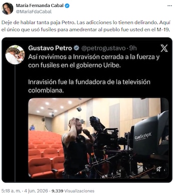 María Fernanda Cabal confrontó a Gustavo Petro tras mensaje sobre Inravisión y lo vinculó con el M-19 - crédito @MariaFdaCabal/X