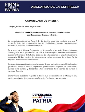 A pocos días de las elecciones presidenciales en Colombia, previstas para el 31 de mayo de 2026, la campaña del candidato Abelardo de La Espriella informó sobre nuevas amenazas dirigidas a sus coordinadores regionales en Risaralda y Quindío - crédito Defensores de la Patria