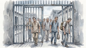Ilustración de presos comunes saliendo por un portón de rejas metálicas abierto. Llevan ropa sencilla y algunos, bolsas o mochilas.
