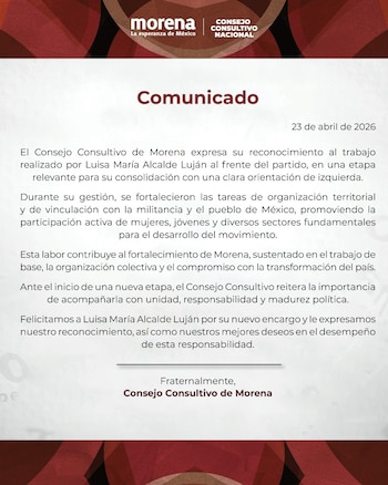 En un comunicado, el Consejo Consultivo Nacional de Morena reconoció la gestión de Luisa María Alcalde al frente del partido.