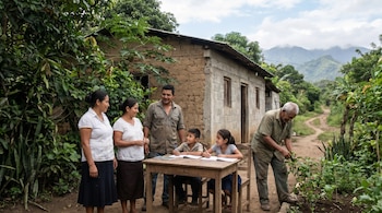 Familia de seis en El Salvador frente a una casa sencilla; dos niños estudian en una mesa, dos mujeres y un hombre conversan, otro hombre cultiva.