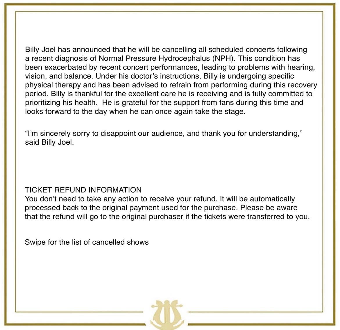 Billy Joel se lamentó por la cancelación de sus conciertos por motivos de salud (Créditos: Instagram/Billy Joel)