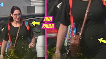 Captura de pantalla dividida que muestra a Ana Paula Consorte vestida de negro con una mochila y un bolso cruzado