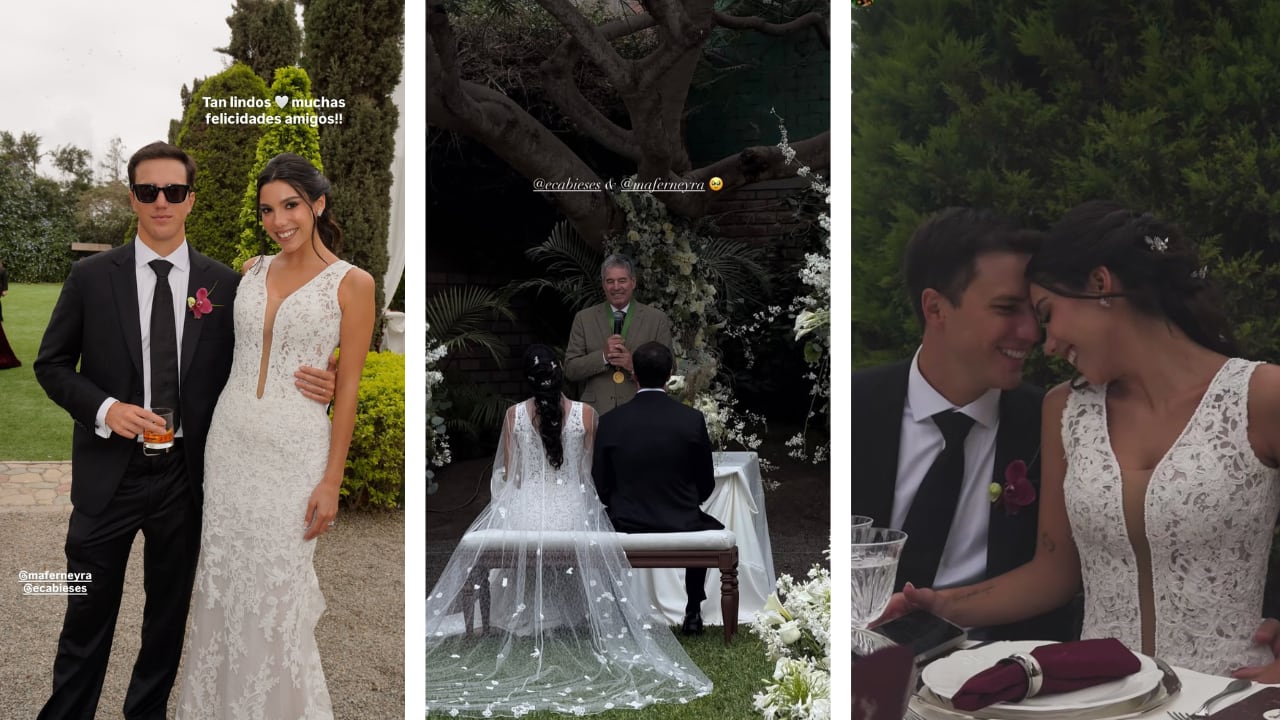 Mafer Neyra usó un vestido con encaje floral, capa de gasa y una larga cola, y luego cambió a otro vestido corto para la fiesta. Ernesto Cabieses vistió un traje negro también de Noe Bernacelli y corbata de Firenze.