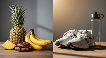 Abacaxi inteiro, rodelas de abacaxi, cacho de banana, tâmaras, calçados esportivos e garrafa de água transparente na mesa de madeira.
