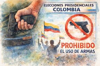 Ilustración estilo acuarela de una mano empuñando una pistola, un cartel sobre elecciones presidenciales de Colombia y la prohibición de armas, y personas con banderas.