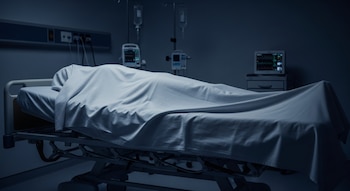 Cuerpo de un paciente fallecido cubierto con una sábana blanca sobre una camilla de hospital en una habitación con poca luz y monitores médicos al fondo.