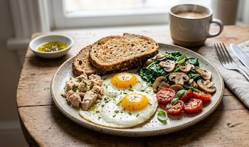 Un plato de desayuno con huevos fritos, atún desmenuzado, espinacas y champiñones salteados, tomates cherry, pan de centeno y una taza de café