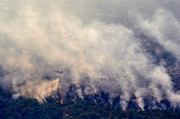 Un helicóptero lanza agua sobre un área de incendio forestal que contiene llamas, humo, vegetación verde y suelo carbonizado