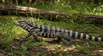 Un tegu argentino blanco y negro, con patrones distintivos, se mueve por el suelo de un bosque cubierto de hierba y hojas secas, con un tronco al fondo.