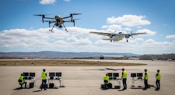 Un dron y un avión de hélice en vuelo sobre una pista de aeródromo con técnicos monitoreando desde estaciones con pantallas. Al fondo, hangares y colinas.