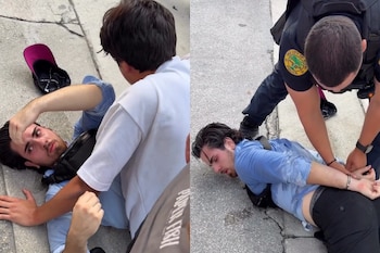 Imagen dividida: un joven en el suelo es sujetado por otro, y luego es esposado por un agente de policía de Miami