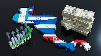 Mapa 3D de Centroamérica con banderas de sus países, un gráfico de barras ascendente con 'GROWTH DOLLARS' y tres grandes pilas de billetes de 100 dólares.