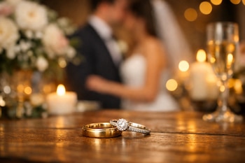 Dos anillos de boda en primer plano sobre una mesa de madera con reflejos cálidos. Al fondo, una pareja difuminada, velas y luces bokeh crean un ambiente romántico.
