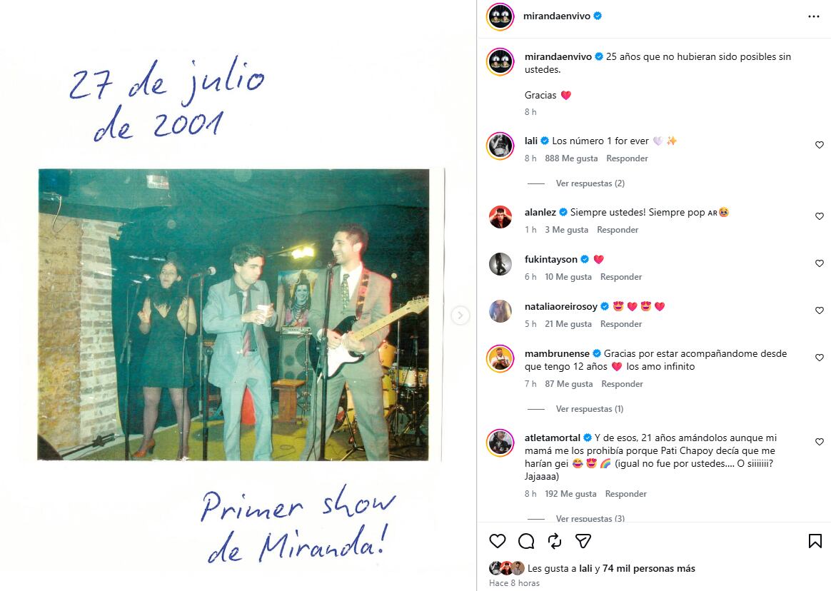 Miranda! celebró 25 años de carrera con una publicación en redes sociales que recordó su primer show de 2001 en la escena porteña (Instagram)