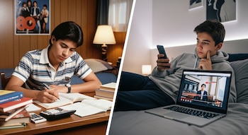 Imagen dividida mostrando a un estudiante de los años 80 con libros y calculadora a la izquierda, y a un adolescente con laptop y celular a la derecha.