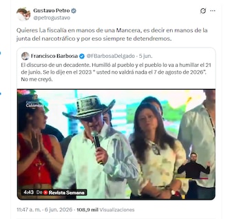 El presidente Gustavo Petro aseguró que Francisco Barbosa quiere que la Fiscalía esté controlada por el narcotráfico - crédito @petrogustavo/X
