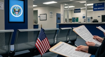 Sala de espera de consulado con bancos metálicos, bandera de EE. UU., pantalla digital del Departamento de Estado y manos sosteniendo documentos de inmigración.