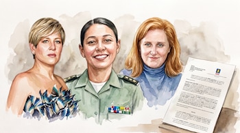 Ilustración en acuarela con los rostros de tres mujeres y un documento escrito con el logotipo de la Fiscalía.