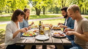 Cuatro personas, dos mujeres y dos hombres, sentadas en una mesa de picnic de madera al aire libre con platos de comida, jarras y botellas.
