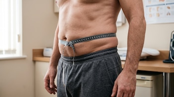 Torso de un hombre sin camiseta rodeado por una cinta métrica negra a la altura de la cintura, vistiendo pantalón gris.