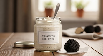 Un frasco abierto de mayonesa con trufa negra y una cuchara en su interior, junto a una trufa entera sobre papel y otras trufas al fondo.