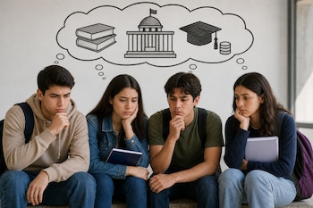 Cuatro jóvenes sentados en fila con la mano en el rostro bajo una nube de pensamiento que contiene libros, un edificio, un birrete y monedas.
