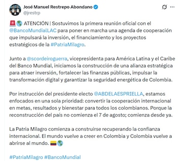 José Manuel Restrepo, vicepresidente electo, informó que se inició, con el Banco Mundial, la construcción de una alianza estratégica para atraer inversión - crédito @Jrestrp/X