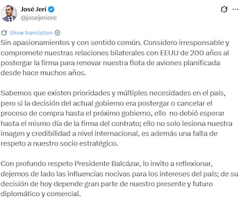 José Jerí critica a José Balcázar por postergar compra de F-16: advierte impacto internacional. (Foto: X/@josejeriore)
