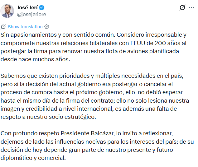 José Jerí critica a José Balcázar por postergar compra de F-16: advierte impacto internacional. (Foto: X/@josejeriore)