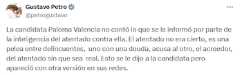 El presidente afirmó que la alerta correspondía a un conflicto entre delincuentes y no a un atentado real. - crédito @petrogustavo/X