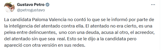 El presidente afirmó que la alerta correspondía a un conflicto entre delincuentes y no a un atentado real. - crédito @petrogustavo/X