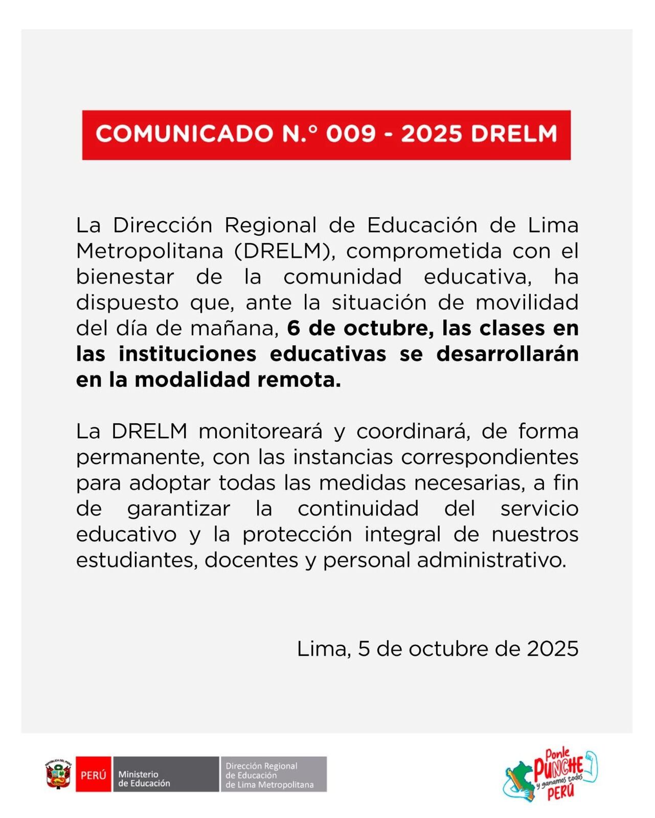 Comunicado de la DRELM.