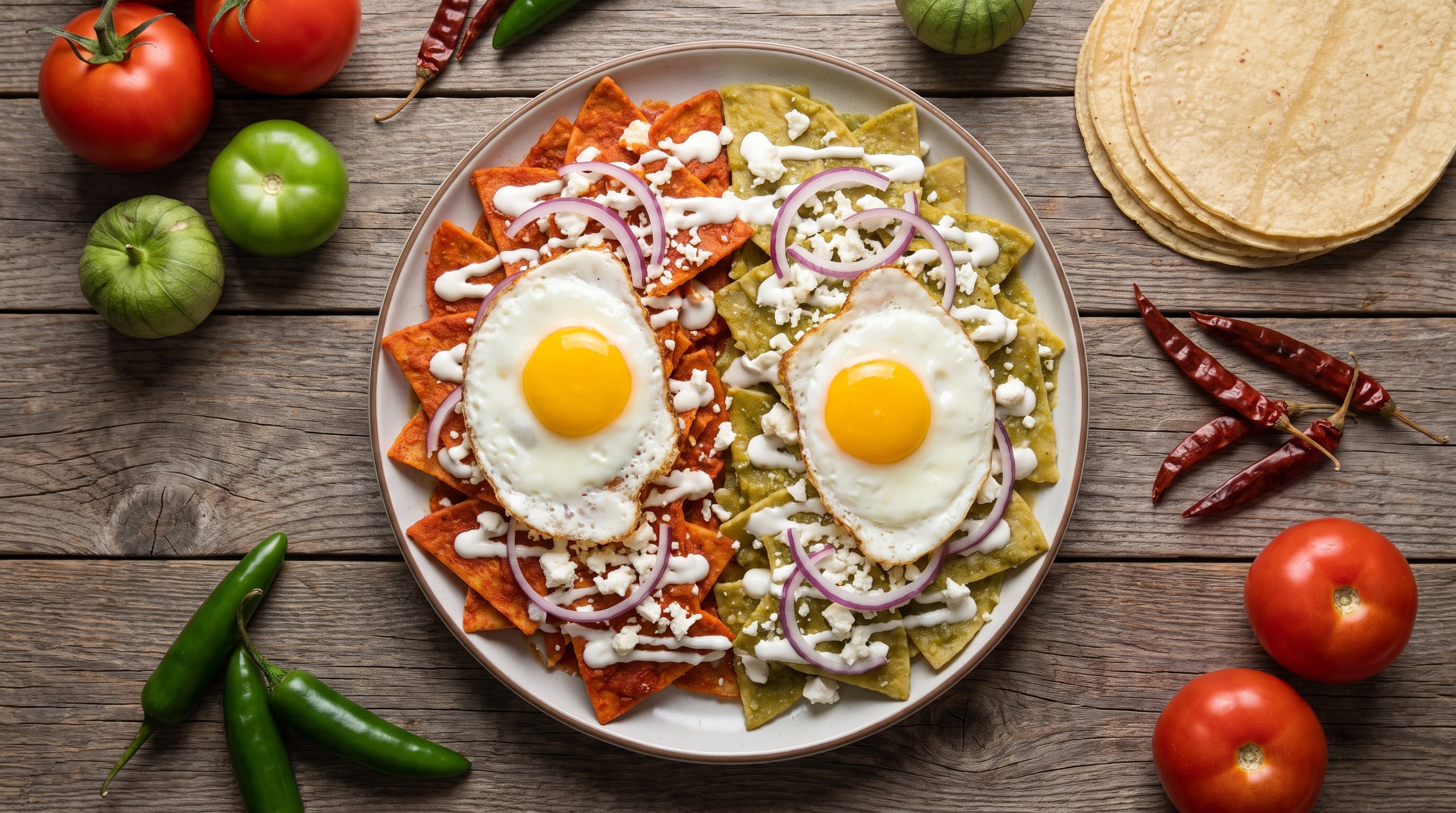 Un plato tradicional de chilaquiles divorciados combina salsa roja y verde junto a huevos estrellados, crema y queso sobre una mesa de madera con ingredientes frescos. (Imagen Ilustrativa Infobae)