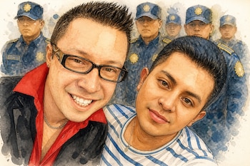 Ilustración en acuarela de dos hombres en primer plano frente a una fila de agentes de policía uniformados con gorras.